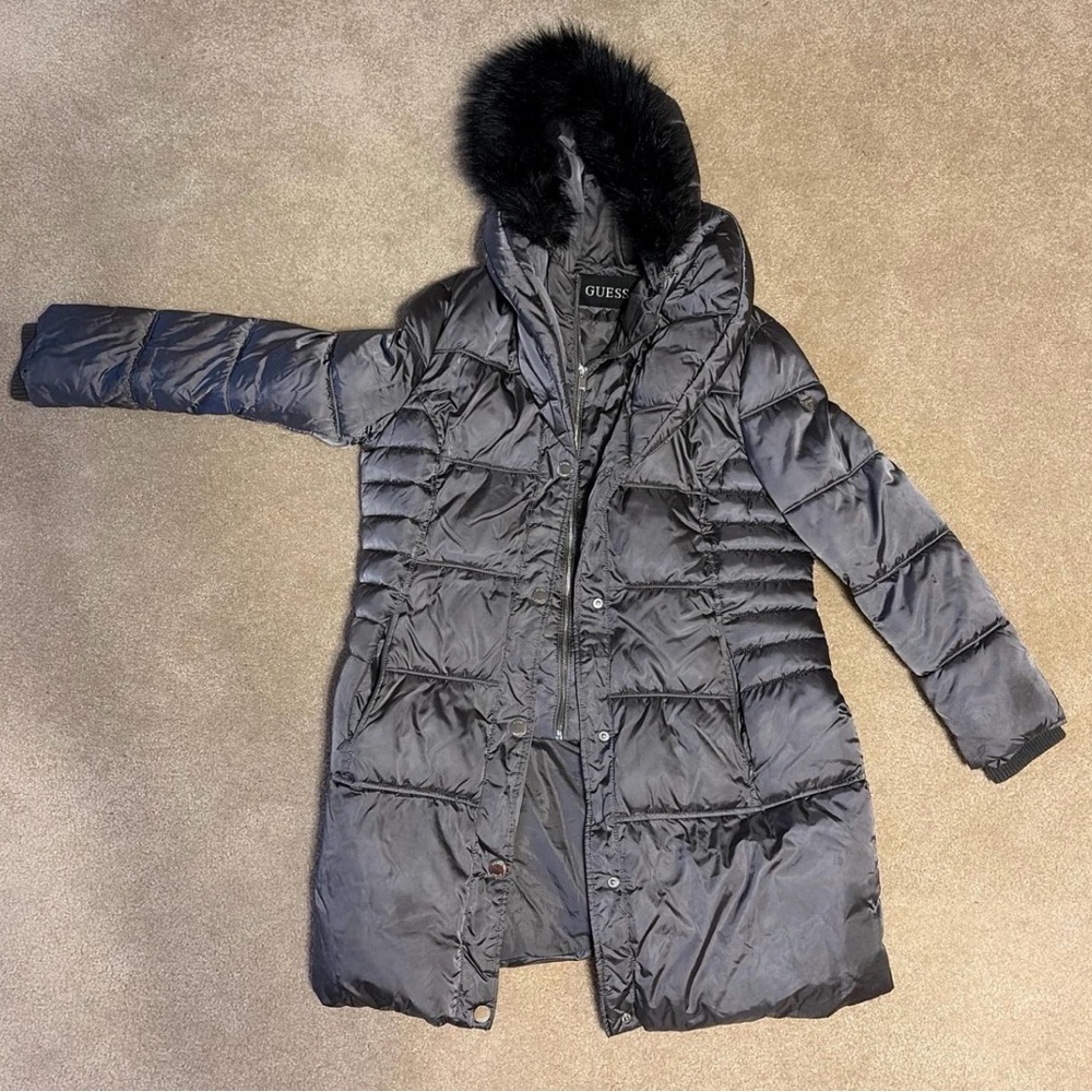 GUESS Women's Charcoal Puffer Jacket with Faux Fur Hood